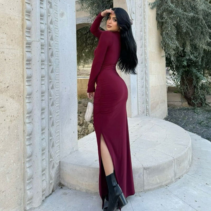 Simple StCollar Long Sleeve Slim Sheath Side Slit Solid Color Dress