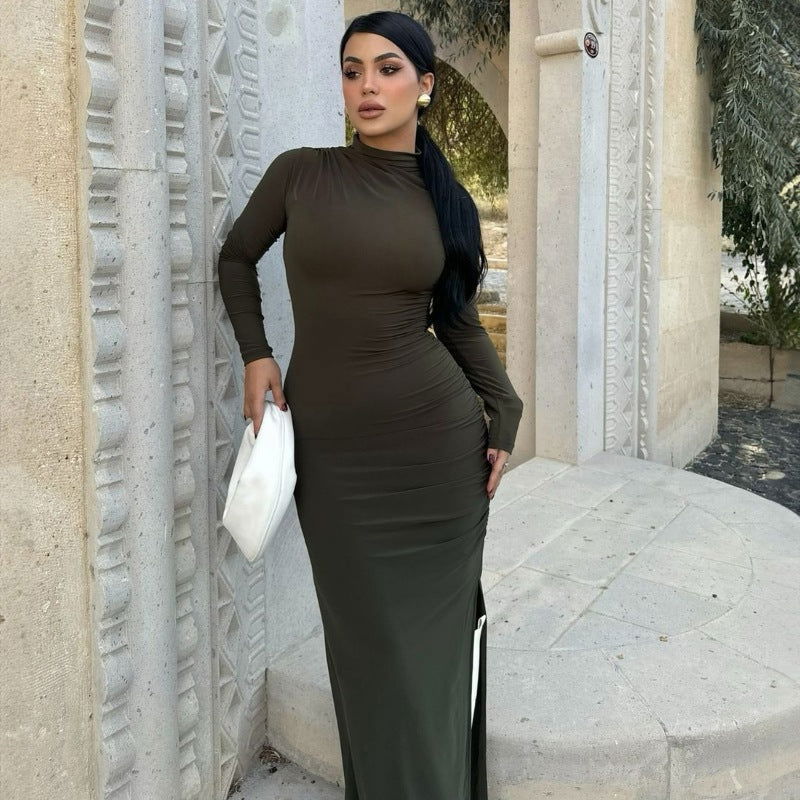 Simple StCollar Long Sleeve Slim Sheath Side Slit Solid Color Dress