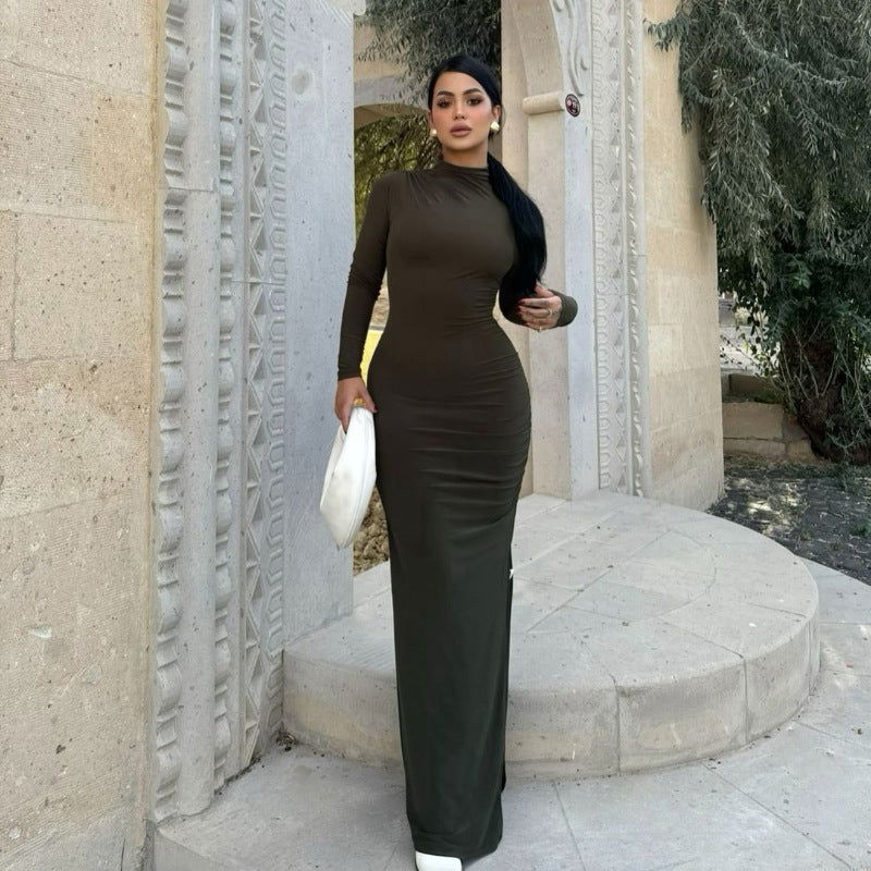 Simple StCollar Long Sleeve Slim Sheath Side Slit Solid Color Dress