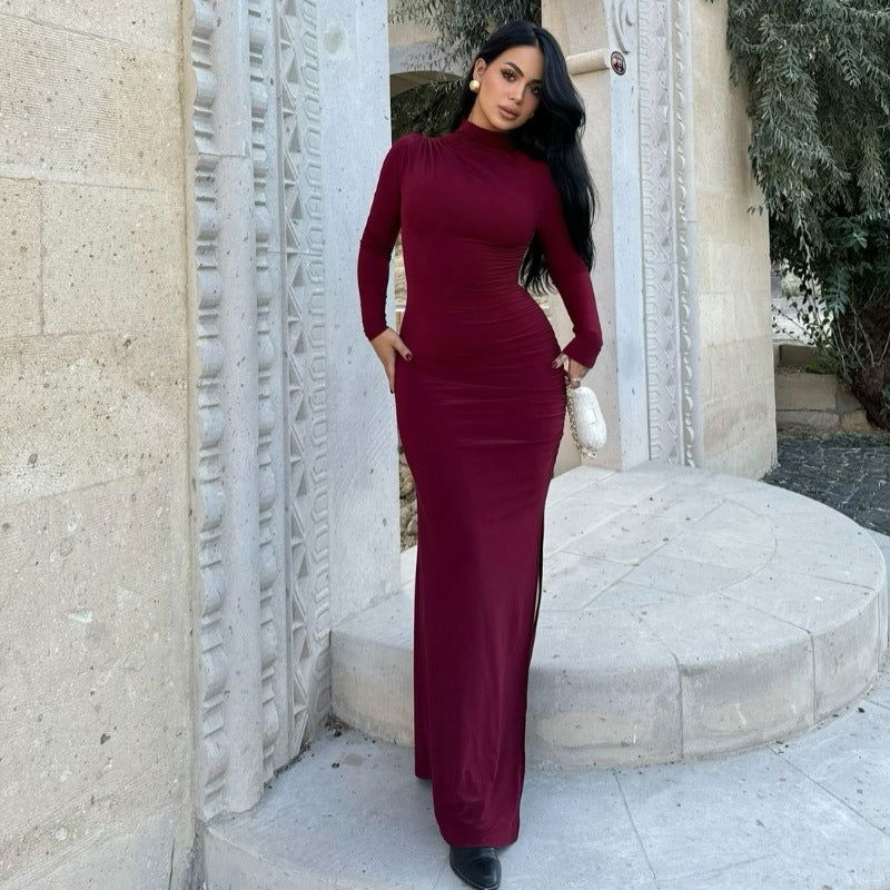 Simple StCollar Long Sleeve Slim Sheath Side Slit Solid Color Dress
