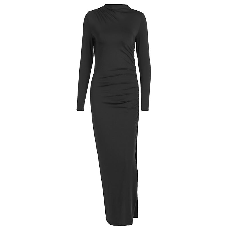 Simple StCollar Long Sleeve Slim Sheath Side Slit Solid Color Dress