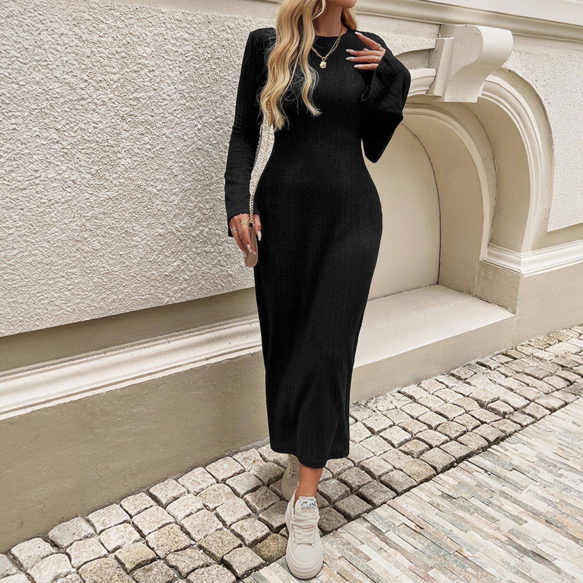 Slim Fit Flared Sleeves Solid Color Knitted