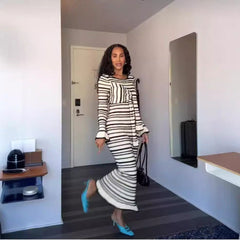 Striped Round Neck Contrast Color Bell Sleeve Lace Up Decorative Sheath Dress