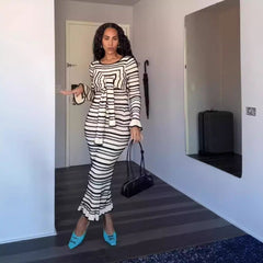 Striped Round Neck Contrast Color Bell Sleeve Lace Up Decorative Sheath Dress