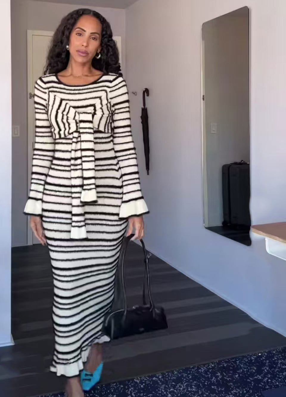 Striped Round Neck Contrast Color Bell Sleeve Lace Up Decorative Sheath Dress