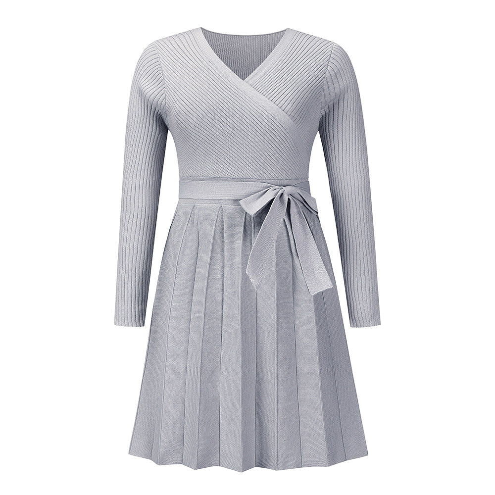 Sweater Dress V-neck Pleated Knitted Short A- Word Dress