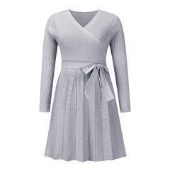 Sweater Dress V-neck Pleated Knitted Short A- Word Dress
