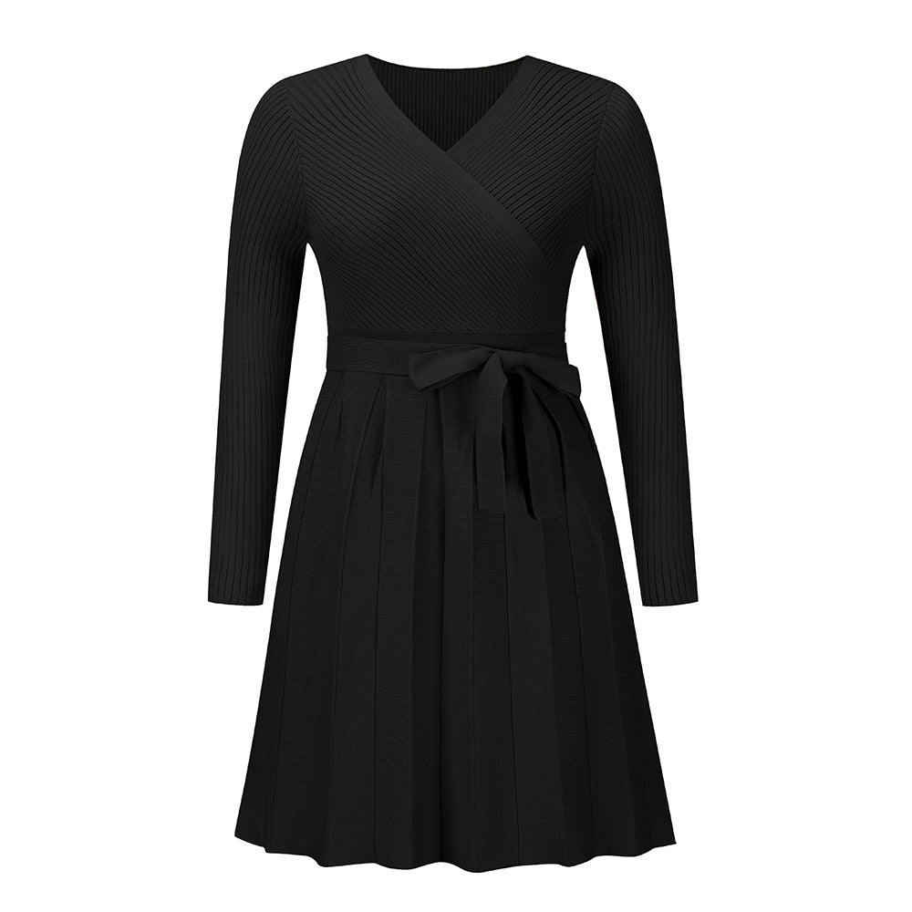Sweater Dress V-neck Pleated Knitted Short A- Word Dress