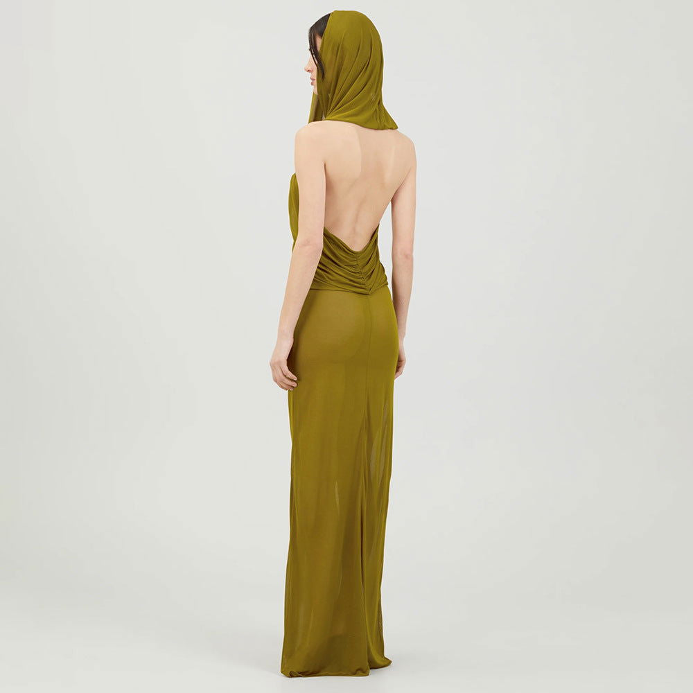 Vestido cruzado de tul con capucha y espalda descubierta, de dos posiciones y con capucha de cúrcuma