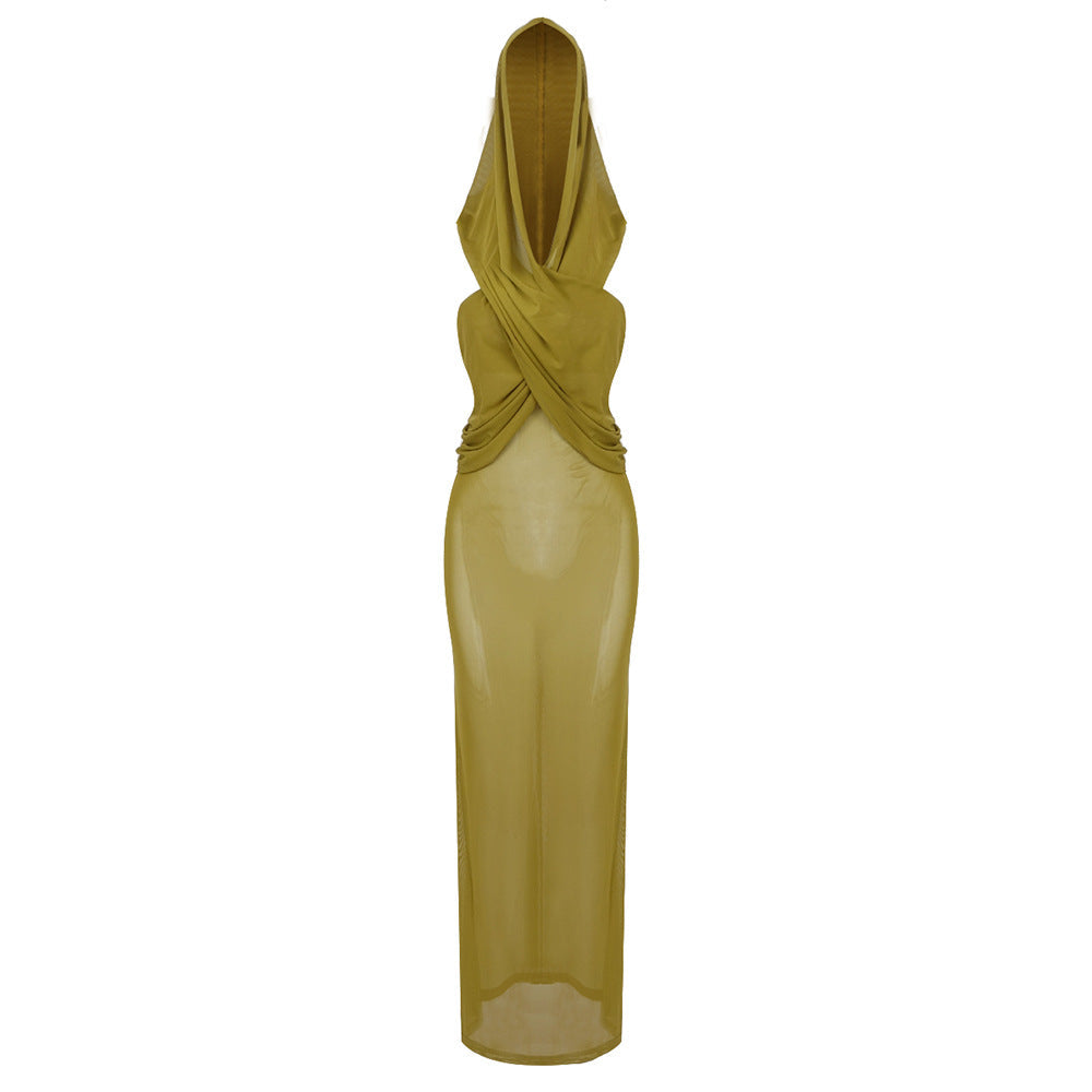 Vestido cruzado de tul con capucha y espalda descubierta, de dos posiciones y con capucha de cúrcuma