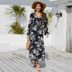 V neck Waist Trimming Lace up Long Sleeve Floral Dress Maxi