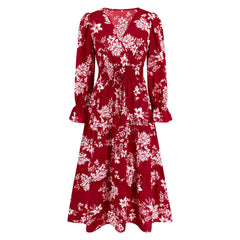 V neck Waist Trimming Lace up Long Sleeve Floral Dress Maxi