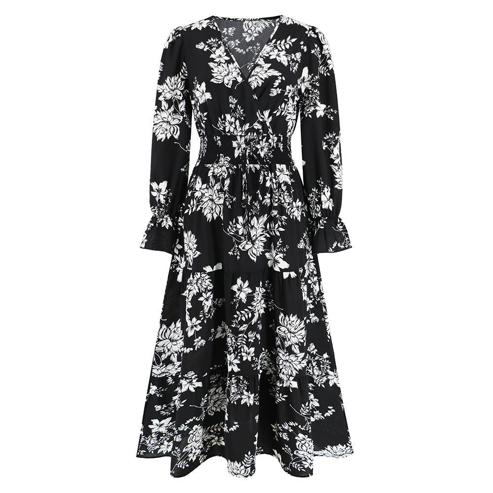 V neck Waist Trimming Lace up Long Sleeve Floral Dress Maxi