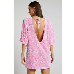 Velvet Sequin Elegant V neck Backless Short Sleeve Dress