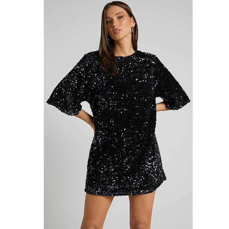 Velvet Sequin Elegant V neck Backless Short Sleeve Dress AmiEmi Velvet Sequin Elegant V neck Backless Short Sleeve Dress AmiEmi