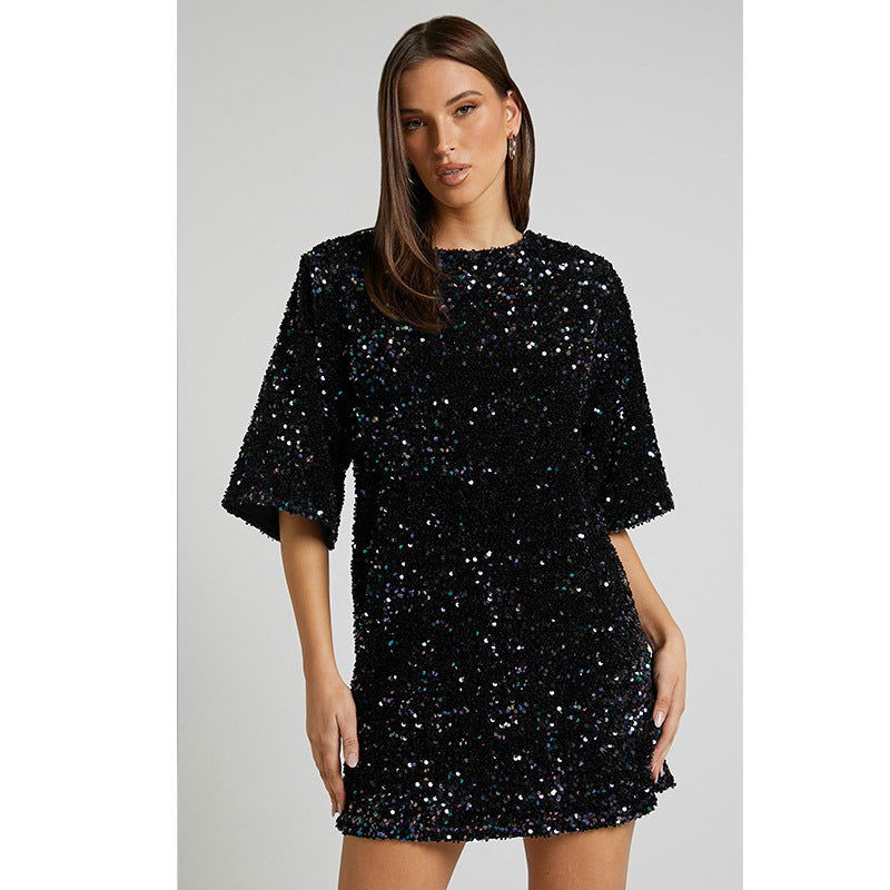 Velvet Sequin Elegant V neck Backless Short Sleeve Dress