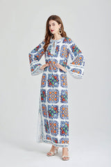 Vintage Printed Round Neck Split Long Sleeve Personalized dress