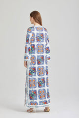 Vintage Printed Round Neck Split Long Sleeve Personalized dress