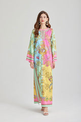 Vintage Printed Round Neck Split Long Sleeve Personalized dress