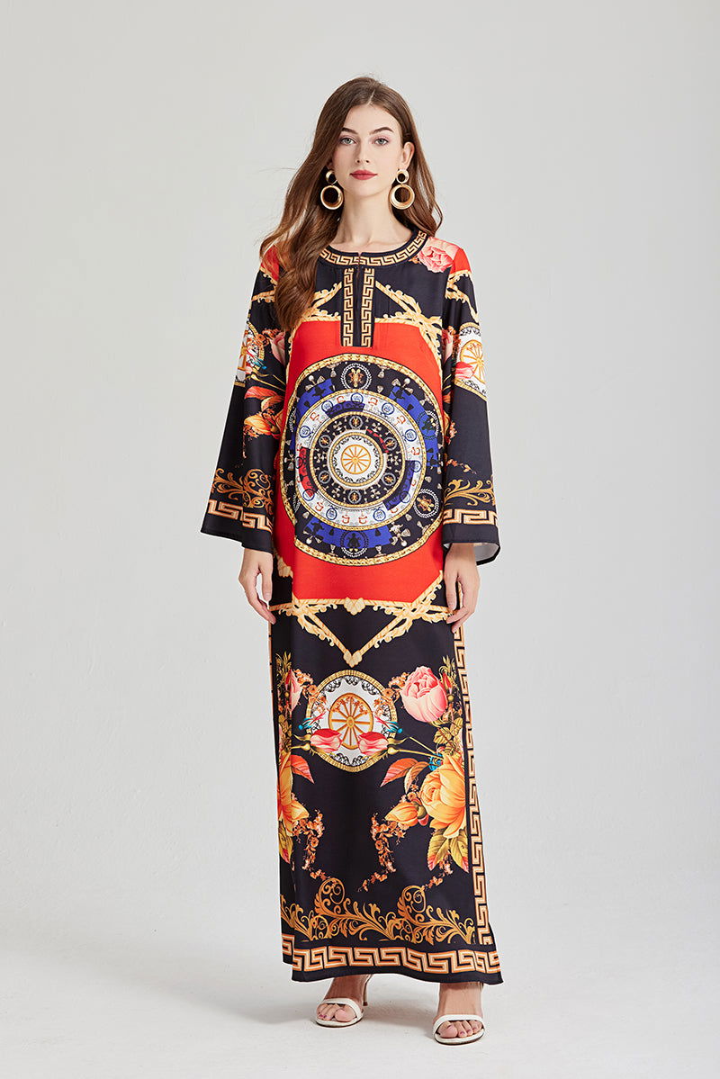 Vintage Printed Round Neck Split Long Sleeve Personalized dress