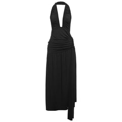 Elegant Halter Backless Deep V Plunge neck Pleated High Slit Dress