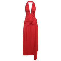 Elegant Halter Backless Deep V Plunge neck Pleated High Slit Dress