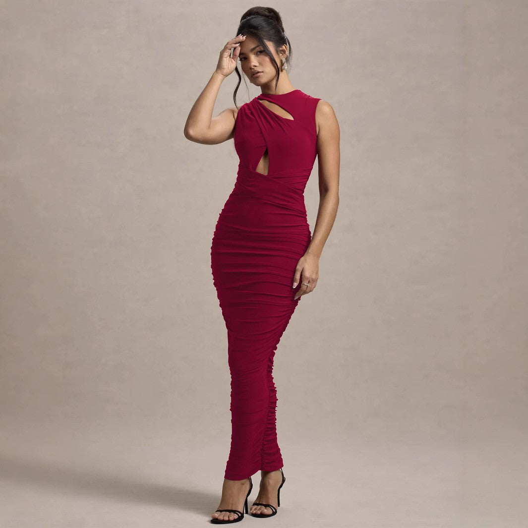 Elegante vestido plisado ajustado sin mangas con cuello redondo