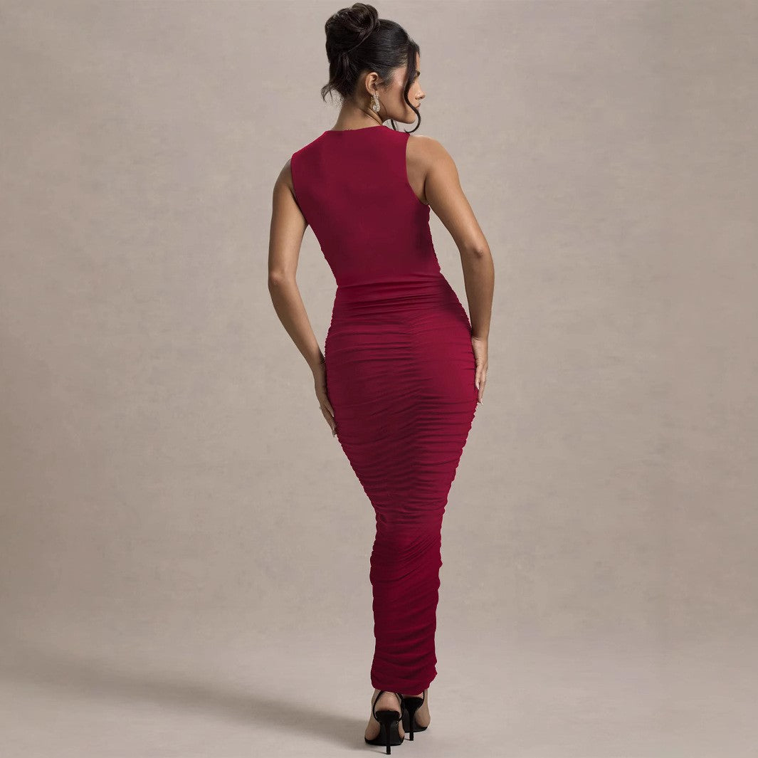 Elegante vestido plisado ajustado sin mangas con cuello redondo