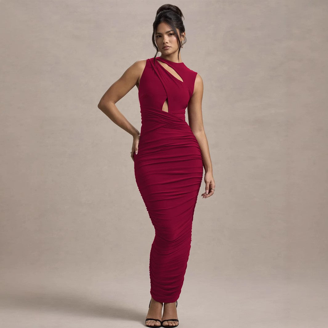 Elegante vestido plisado ajustado sin mangas con cuello redondo