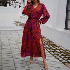 Vestido elegante con cuello en V y cintura alta con estampado