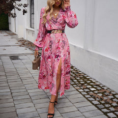 Vestido elegante con cuello en V y cintura alta con estampado