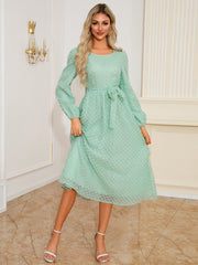 Elegant Waist Crew Neck Jacquard Long Sleeve Dress Mid Length Dress Popular