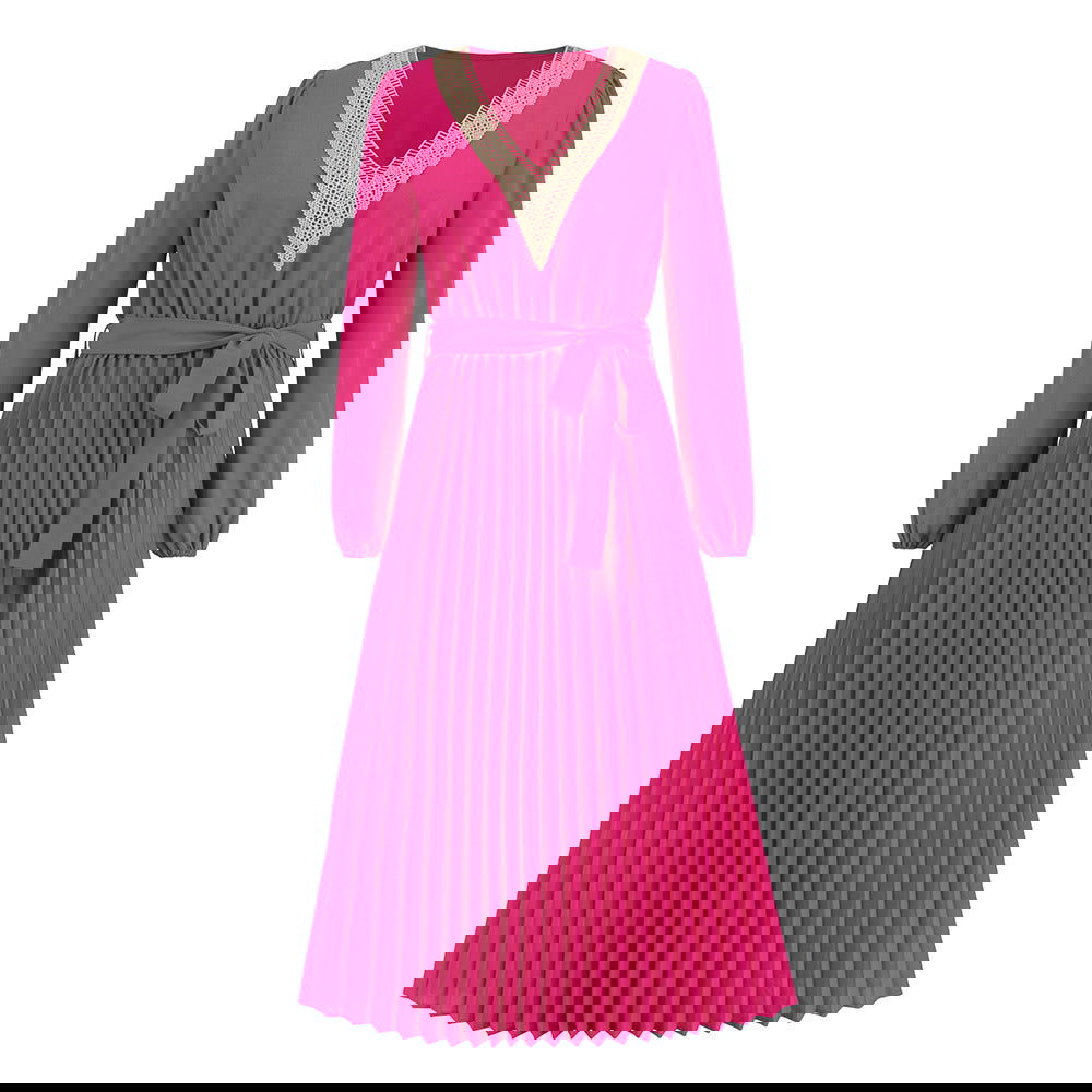 Slim Fit V Neck Lace Pleated Dress Mid Length A Line Dress Popular