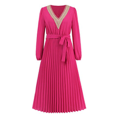 Slim Fit V Neck Lace Pleated Dress Mid Length A Line Dress Popular