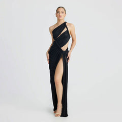 Oblique Shoulder Cutout Slim Sheath Evening Dress