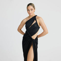 Oblique Shoulder Cutout Slim Sheath Evening Dress