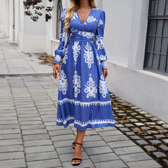 Printing Color Contrast V Neck Long Sleeve Dress