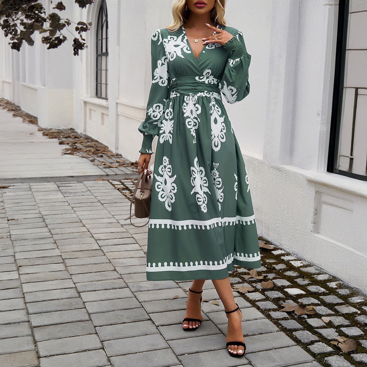 Printing Color Contrast V Neck Long Sleeve Dress