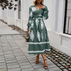 Printing Color Contrast V Neck Long Sleeve Dress