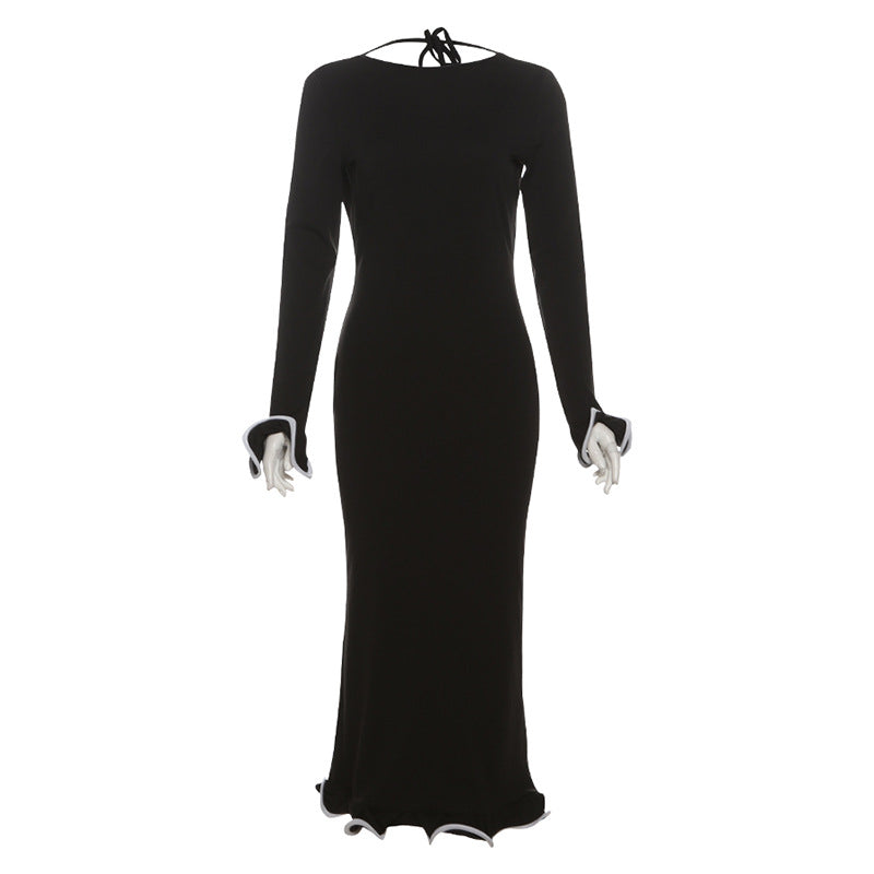 Slim Fit Tied Halter Backless Long Sleeve Lotus Leaf Dress