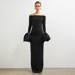 off Neck Long Sleeve Puffed Sleeves Split Dress