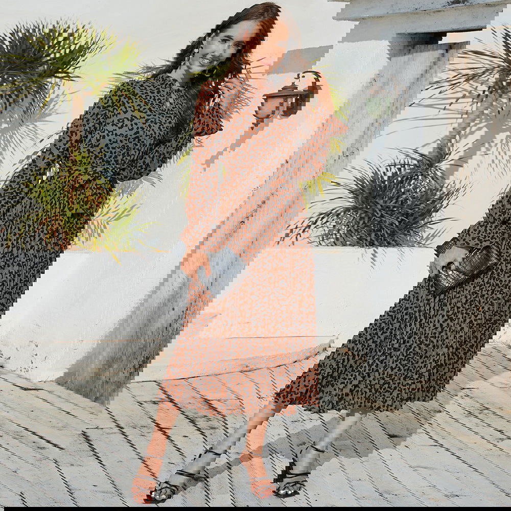 Slim Fit Leopard Print StUp Collar Tie Pleated Dress Casual Mid Length Dress