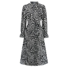 Slim Fit Leopard Print StUp Collar Tie Pleated Dress Casual Mid Length Dress