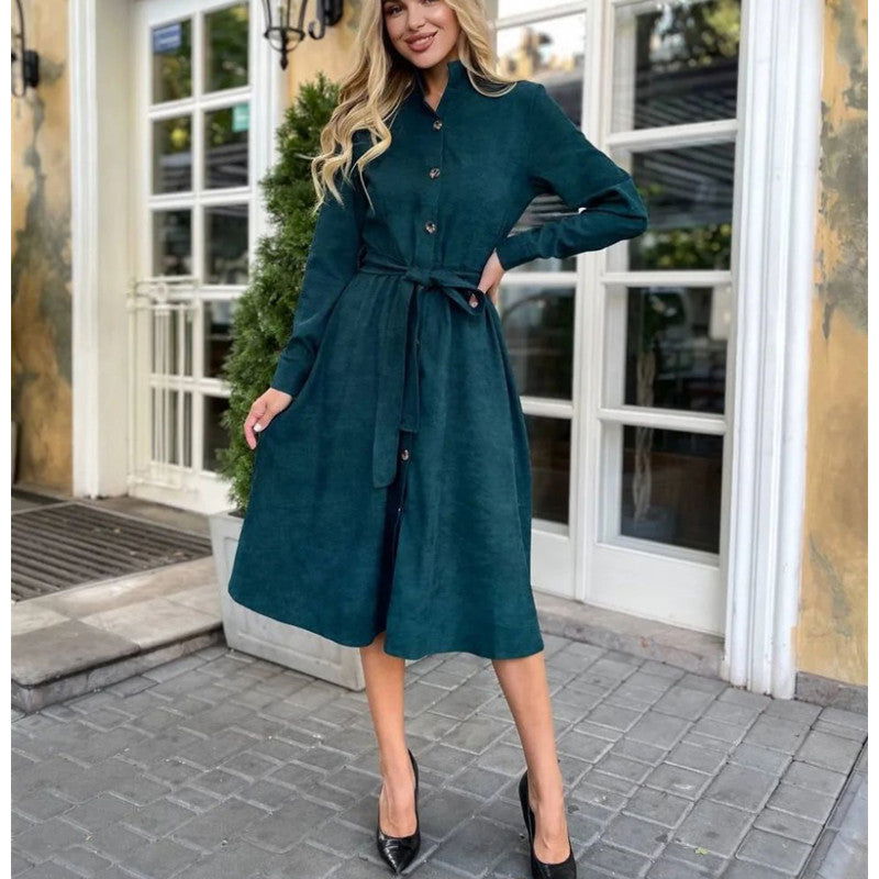 Solid Color Tied Button Shirt Dress