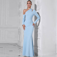 Vestido elegante de color liso con hombros descubiertos y corte a la cadera para cena formal