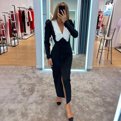 Trend Black White Contrast Color Split Maxi Dress Doll Collar Long Sleeve French Dress
