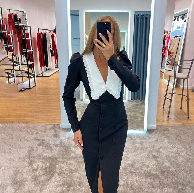 Trend Black White Contrast Color Split Maxi Dress Doll Collar Long Sleeve French Dress