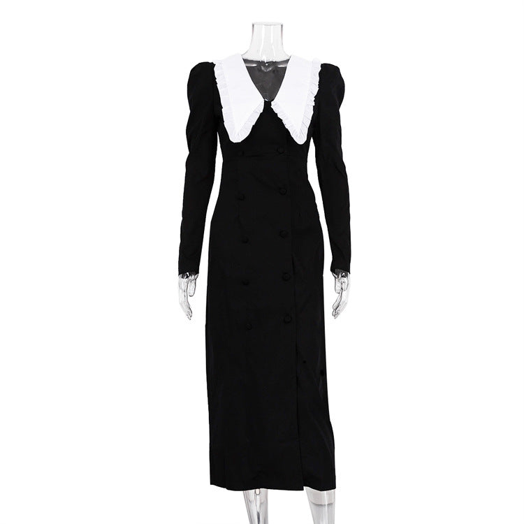 Trend Black White Contrast Color Split Maxi Dress Doll Collar Long Sleeve French Dress