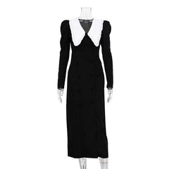 Trend Black White Contrast Color Split Maxi Dress Doll Collar Long Sleeve French Dress