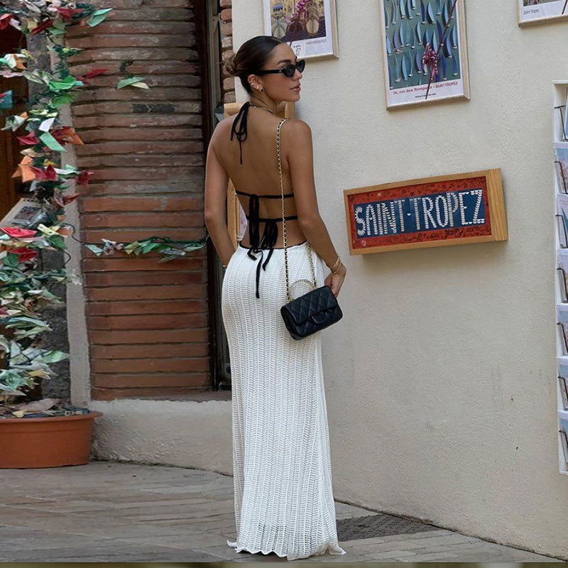 Color Contrast V Neck Halter Lace Up Backless Knitted Dress